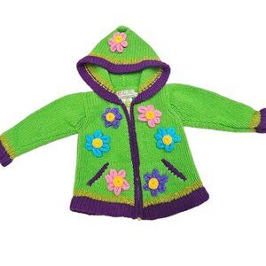 Handmade E.C.C. Wool Childrens Hooded Sweater‎ Zip Floral Design Chunky Knit 2T